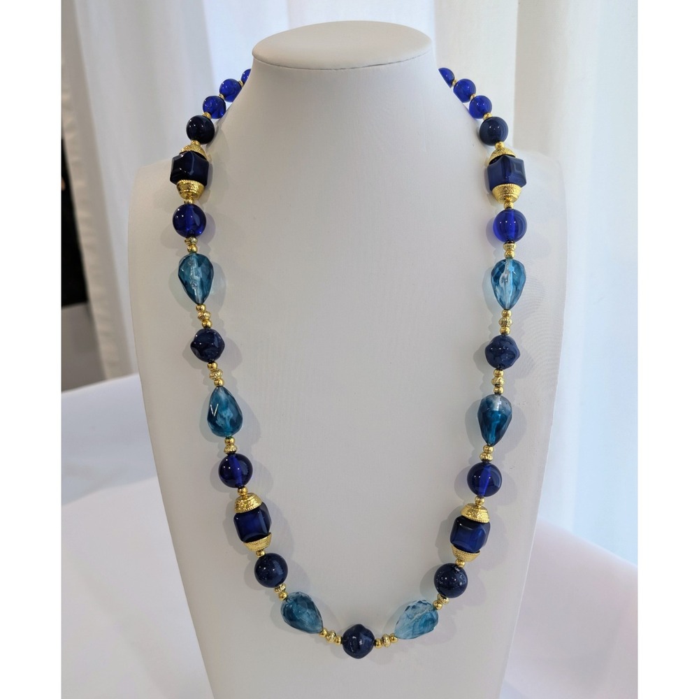 Vintage Blue Lucite Necklace 24" Gold Navy Aqua Cerulian Sodalite Imitation LT80